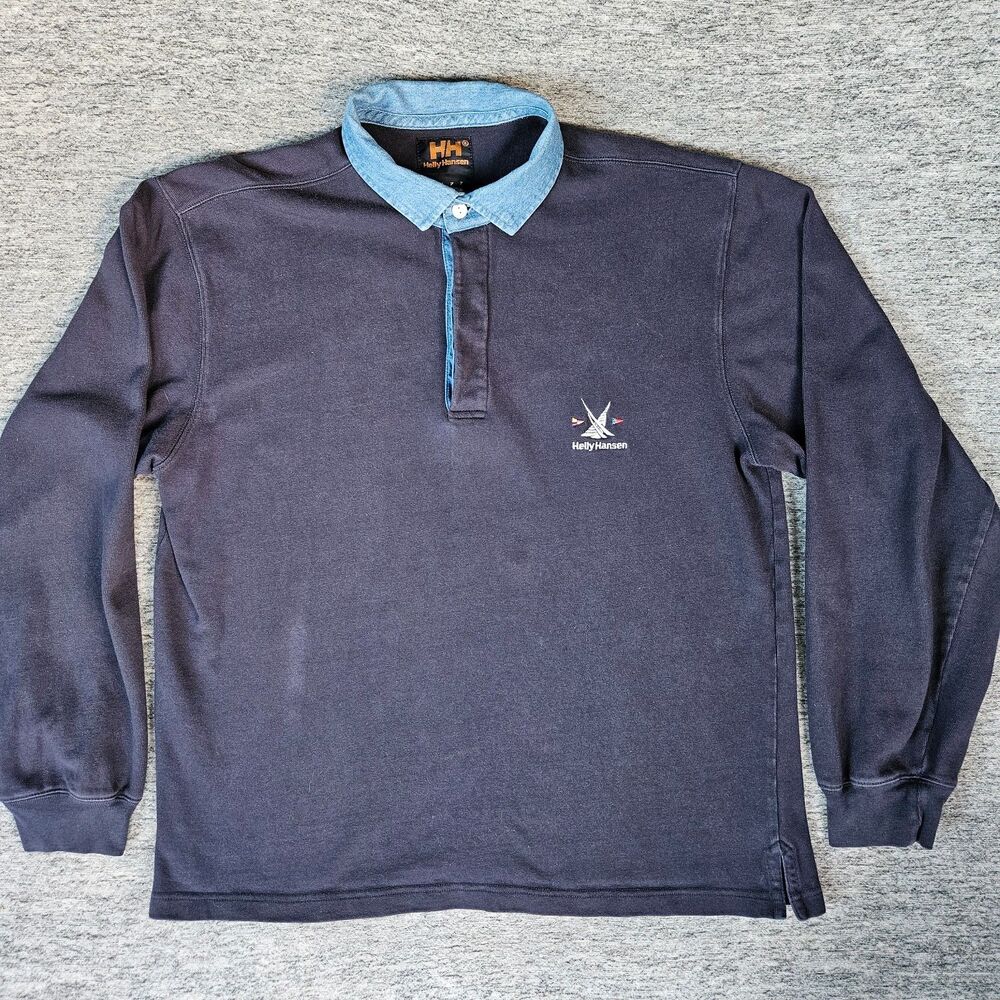 Vintage Helly Hansen 1877 Rugby Shirt Yacht Sailing Navy Blue Men's XL Denim